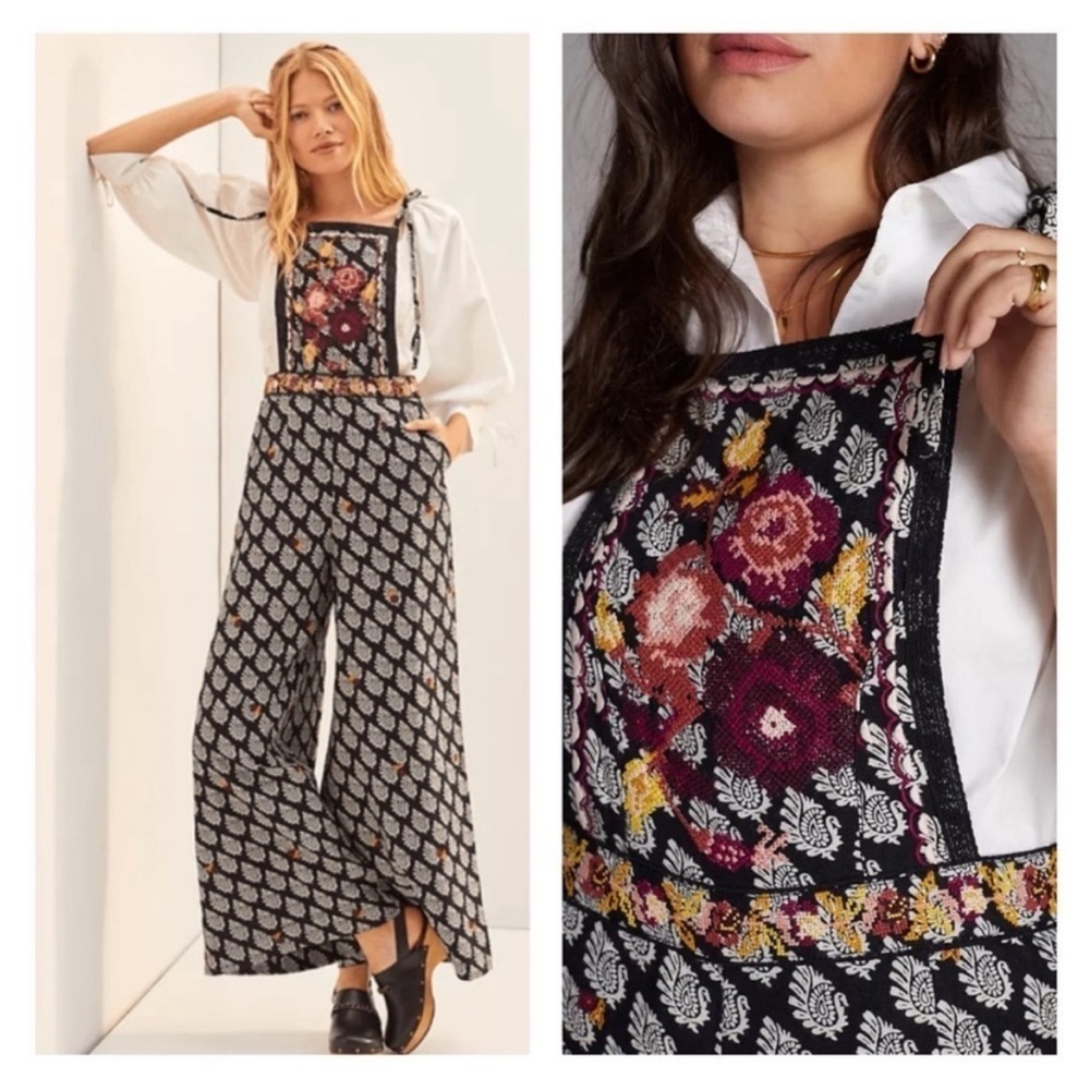Anthropolgie HTF Floral Embroidered Wide-Leg Jumpsuit Overalls Boho NWT Size 0